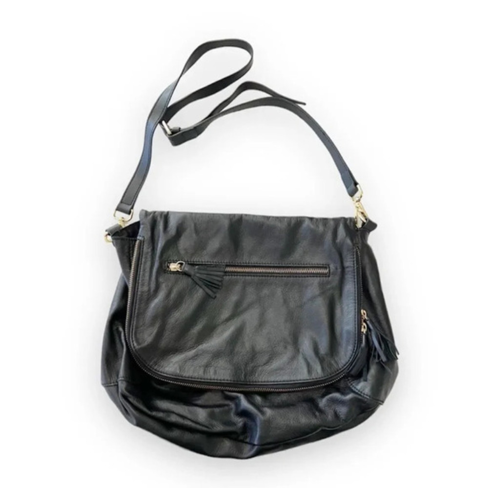 Alberta di Canio Black Leather Crossbody Italy Flap Pocket Tassels Buttery Soft